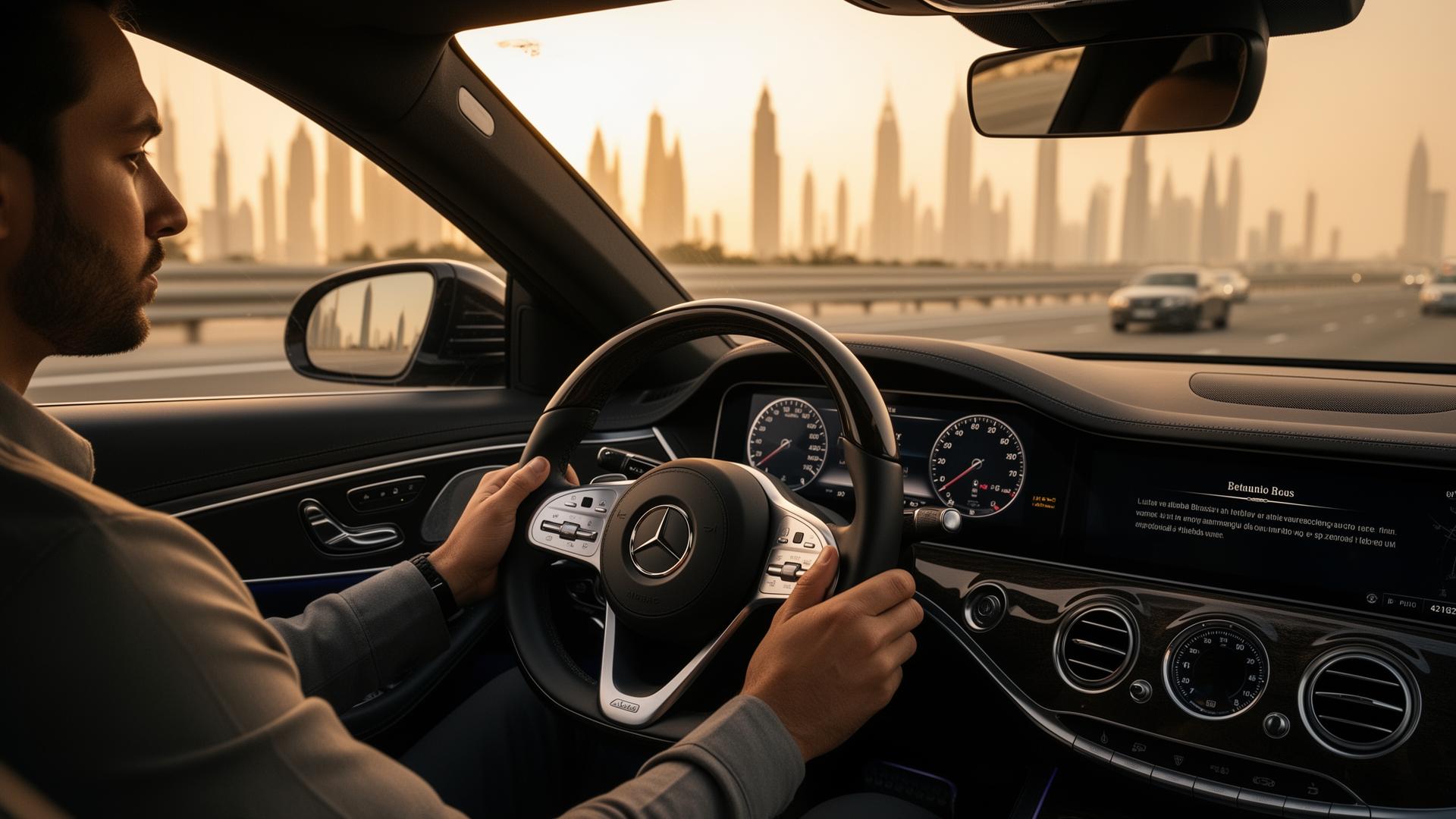 Calm confident driving on a Dubai highway at golden hour