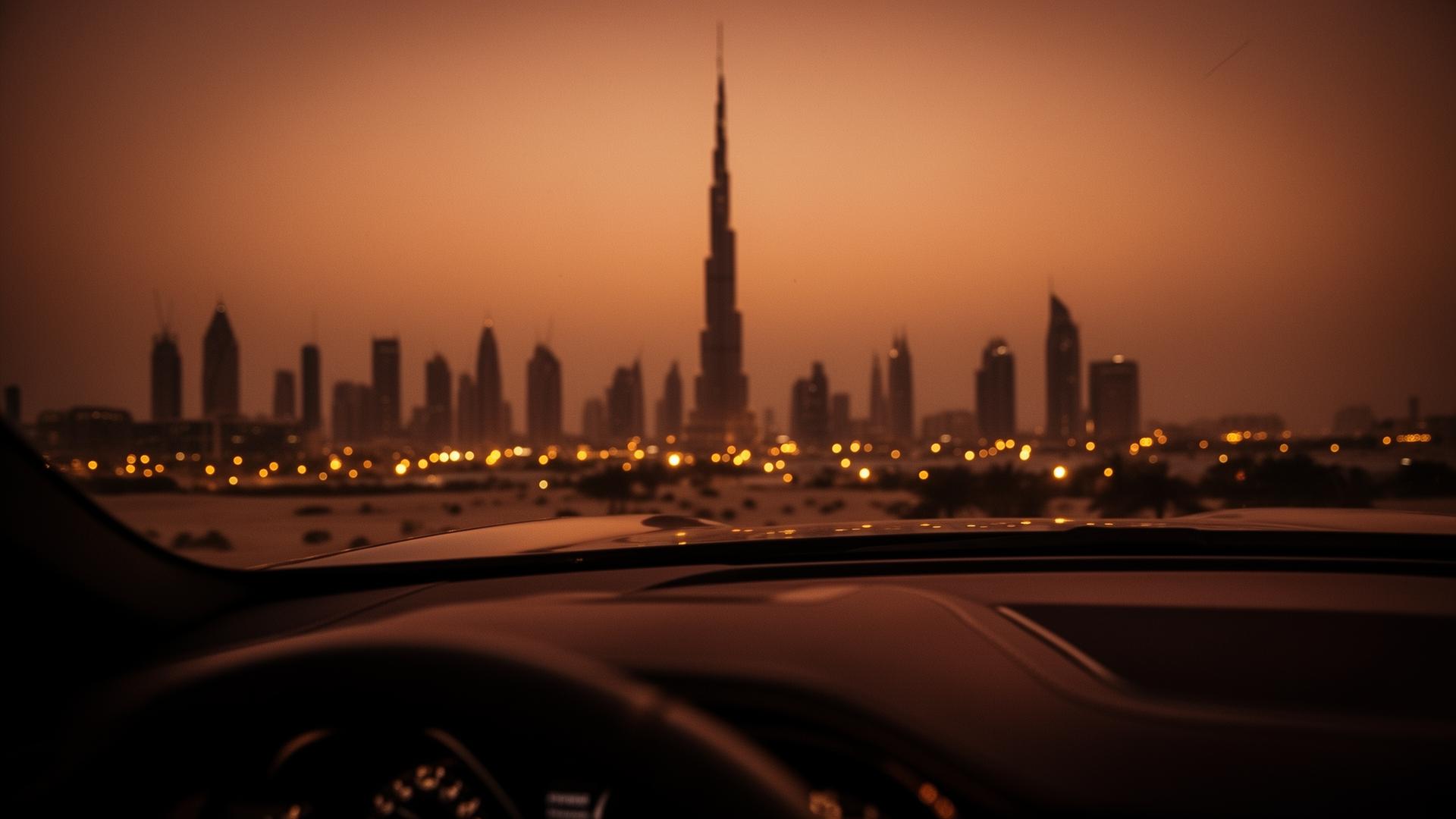 Dubai skyline with highway traffic at blue hour